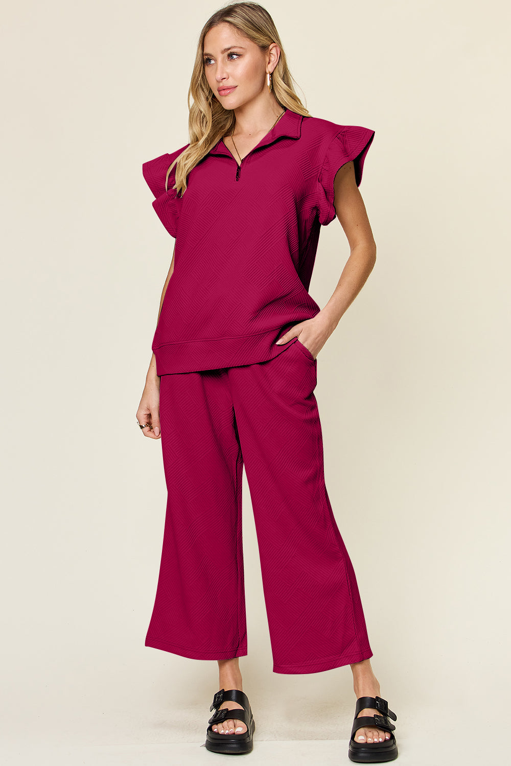 Textured Ruffle Sleeve Wide Leg Pants Set