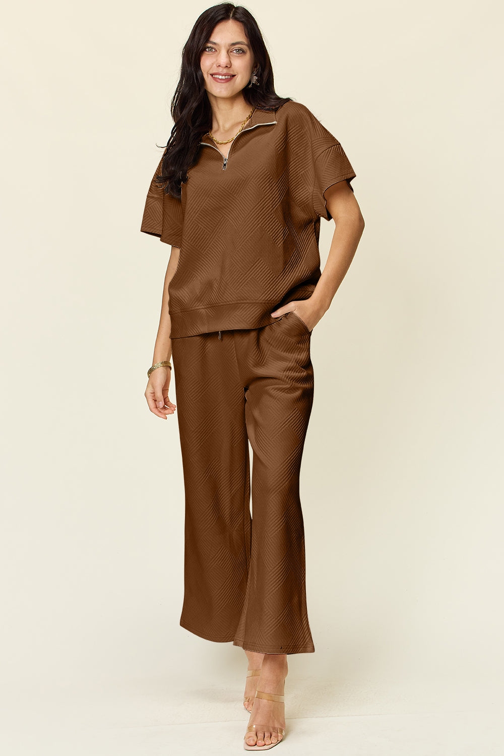 Textured Half Zip Pants Set