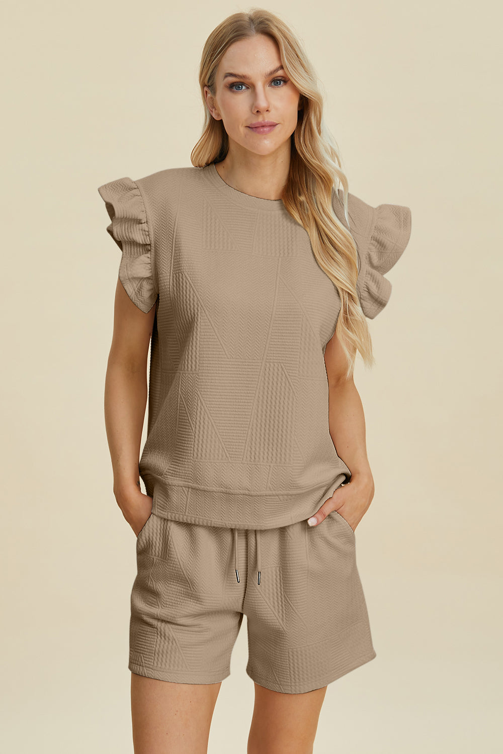 Texture Round Neck Ruffle Sleeve Top and Shorts Set