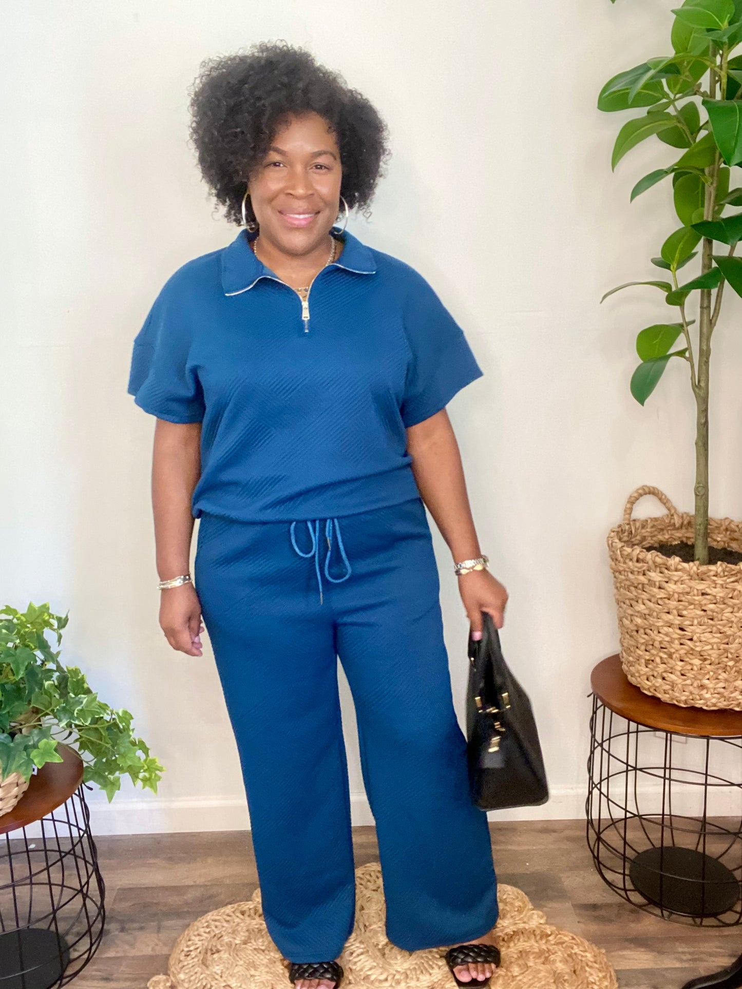 Textured Half Zip Pants Set
