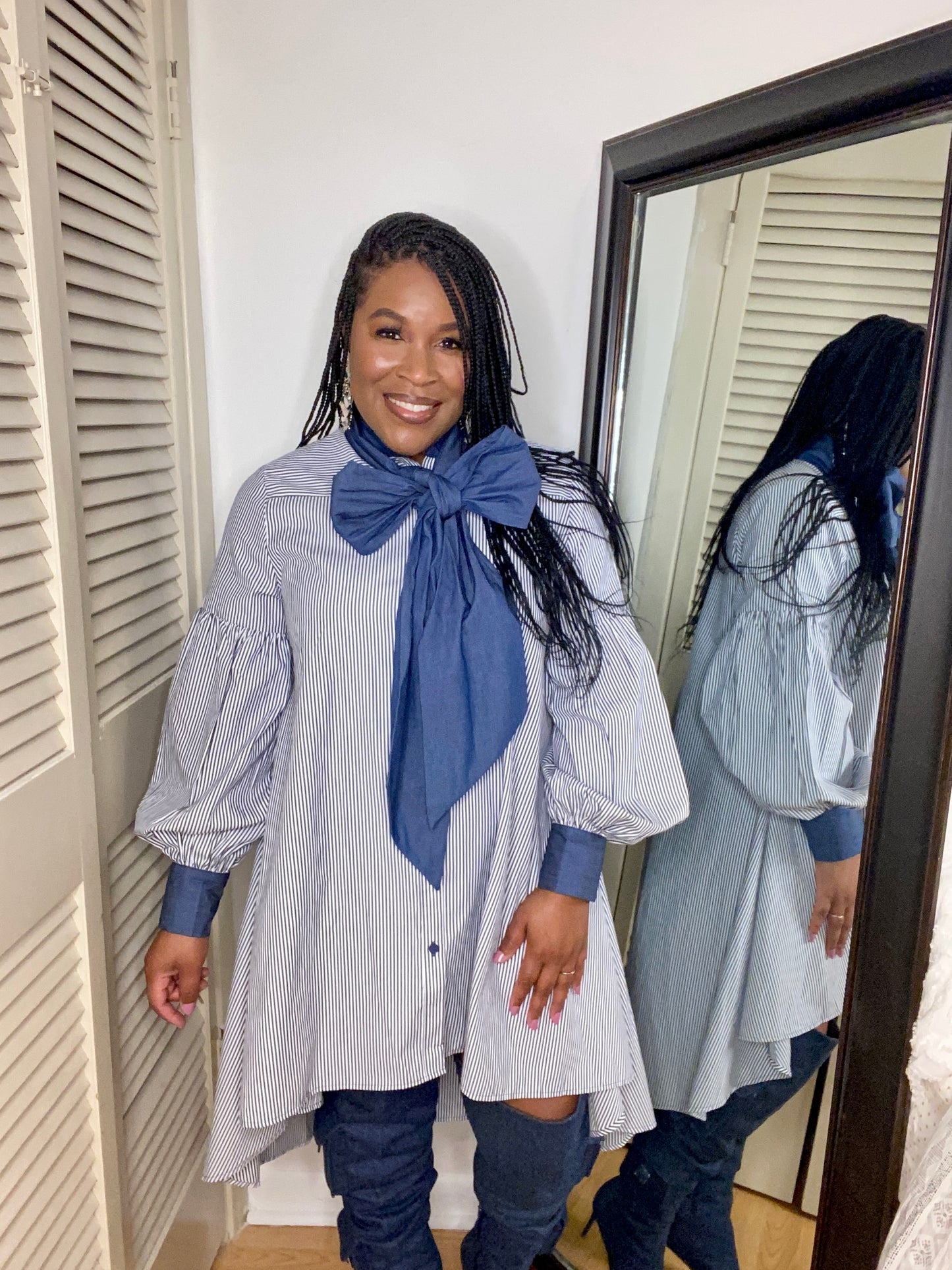 Stripe Denim Bow Tie Dress