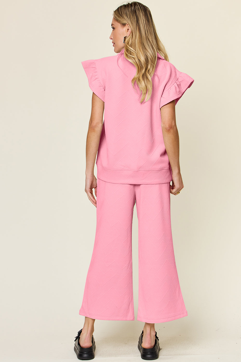 Textured Ruffle Sleeve Wide Leg Pants Set