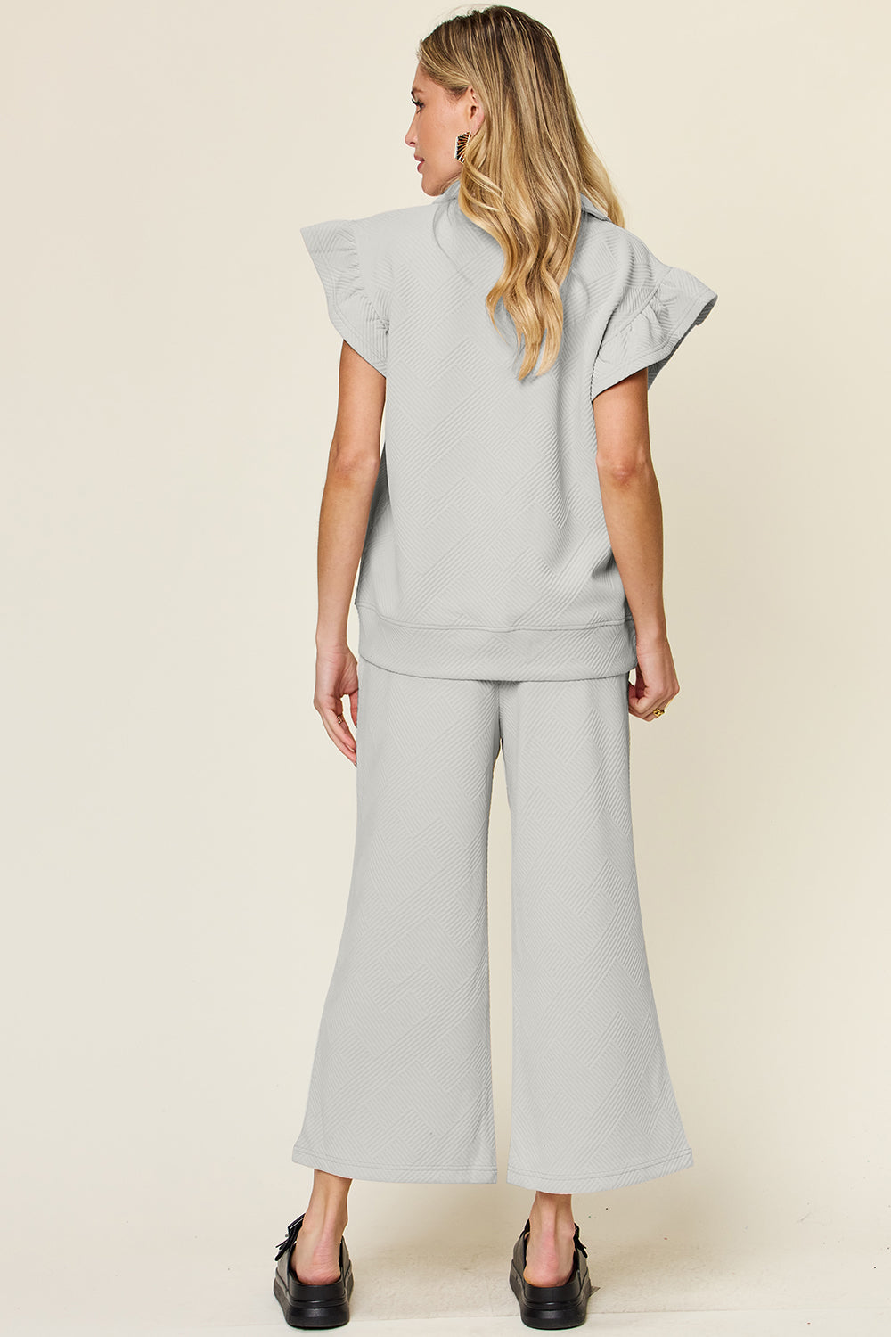 Textured Ruffle Sleeve Wide Leg Pants Set