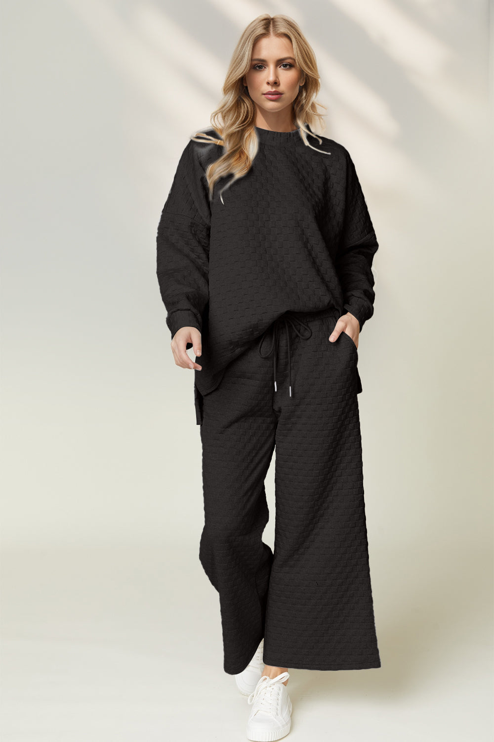 Checkered Slit High-Low Round Neck Set
