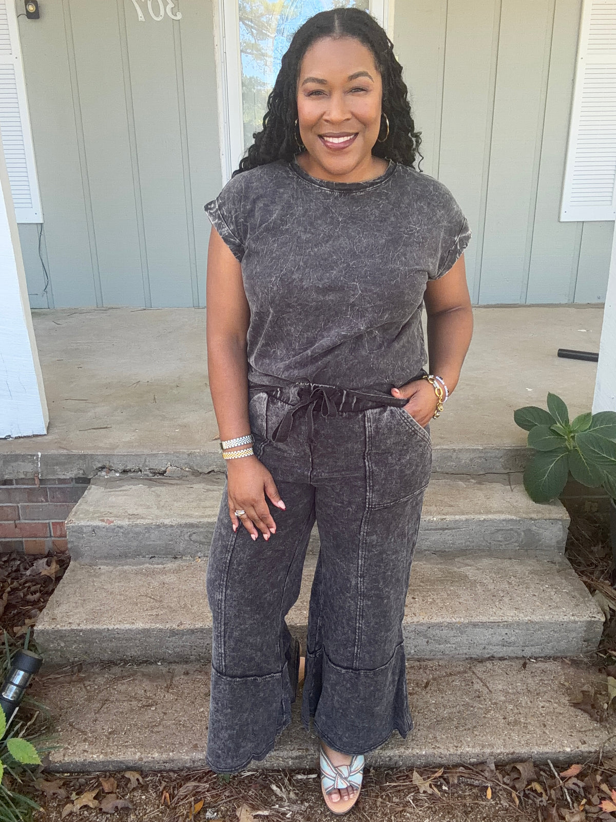 Black Acid Wash Flare Set