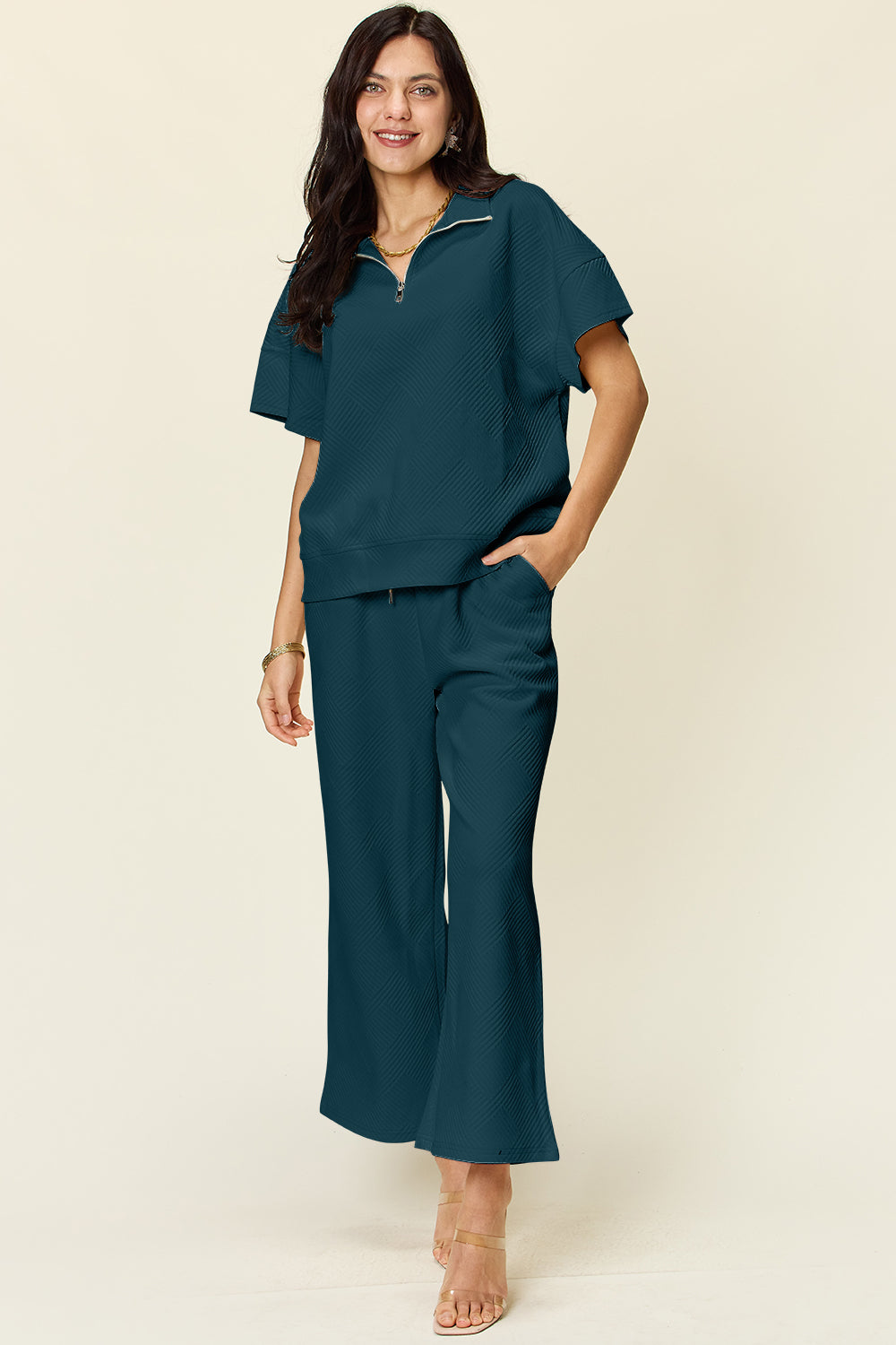 Textured Half Zip Pants Set