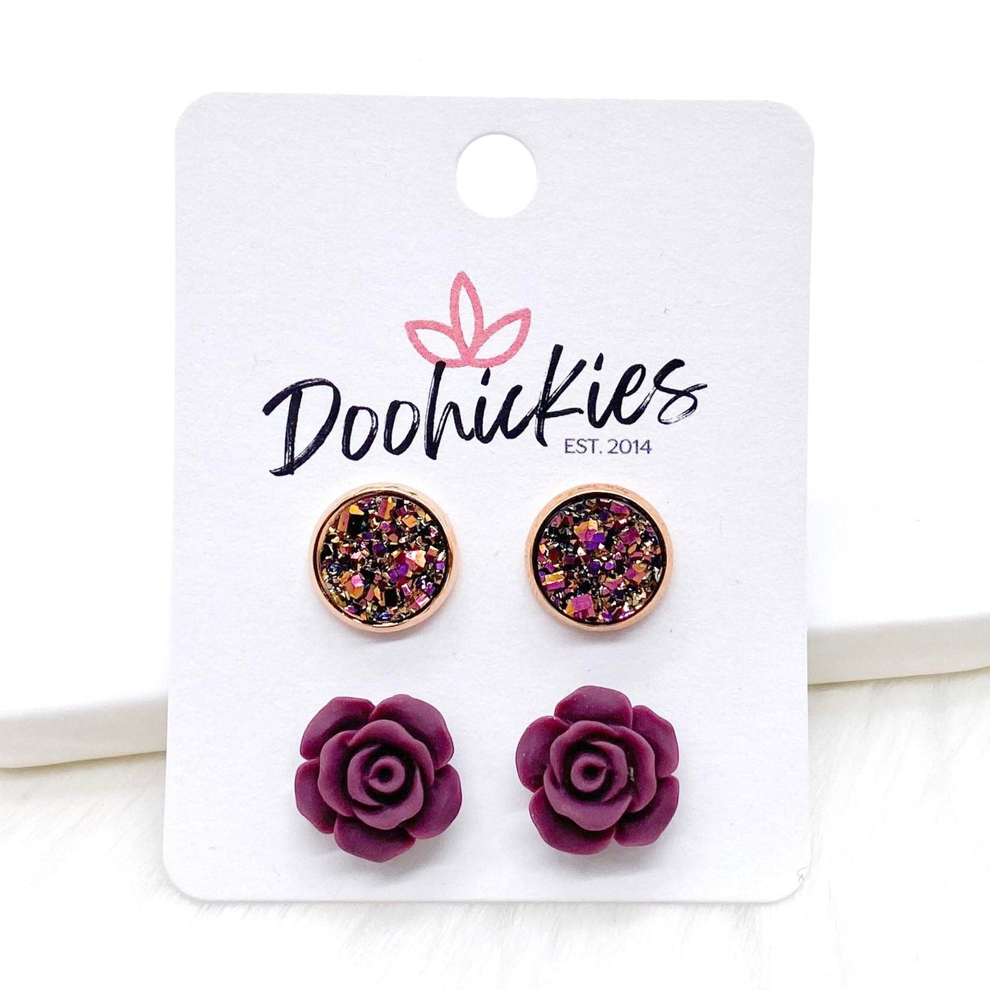 Iridescent Rose Gold & 12mm Burgundy Roses in Rose Gold (2 size options) -Earrings