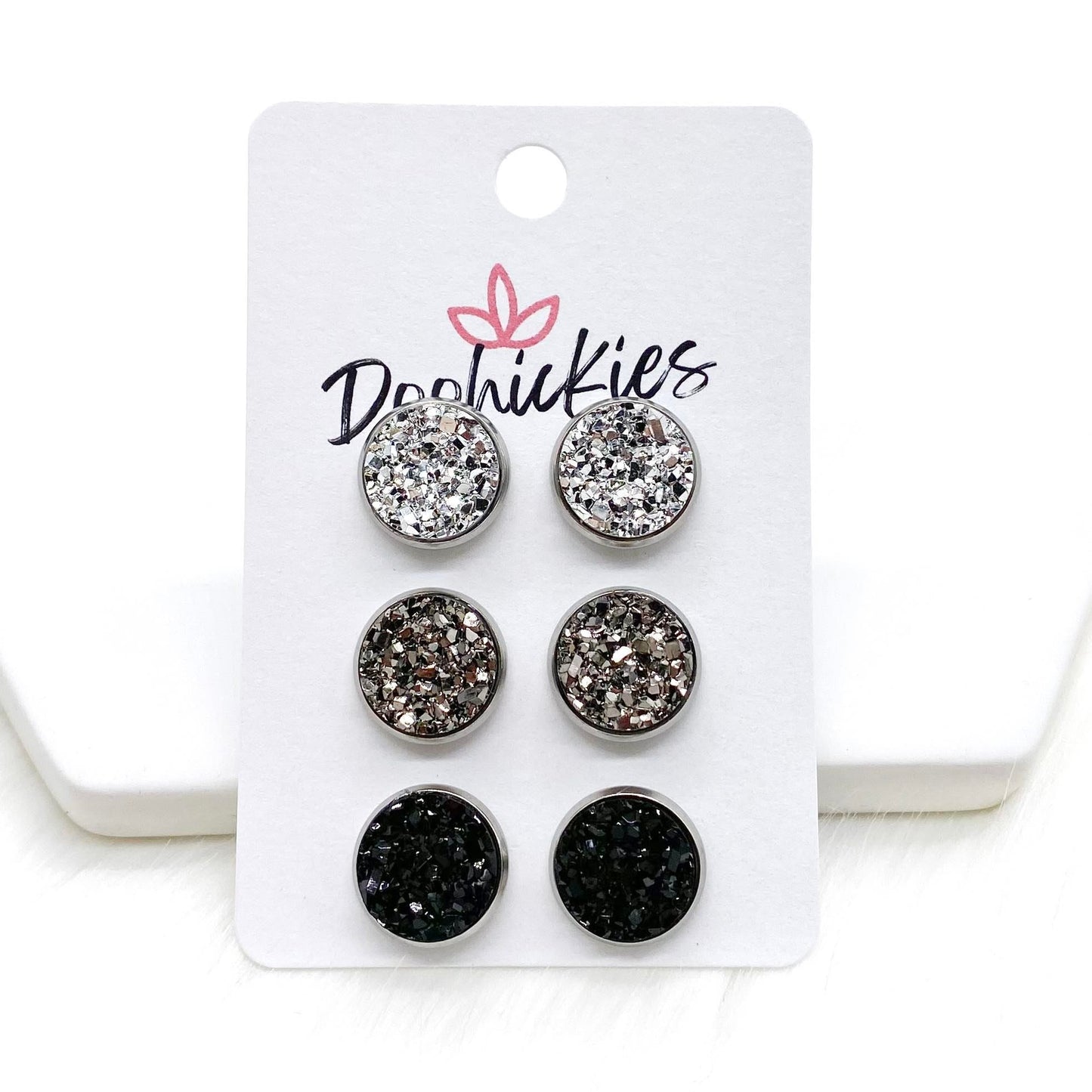 12mm Silver/Gunmetal/Black in Stainless Steel Settings -Earrings