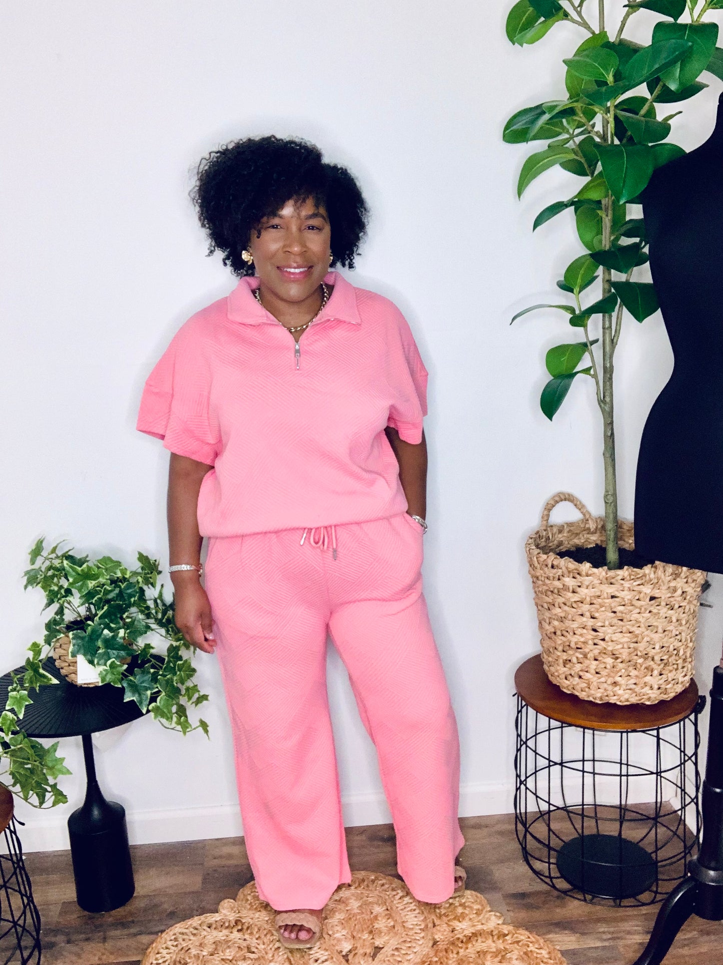 Textured Half Zip Short Sleeve Pants Set