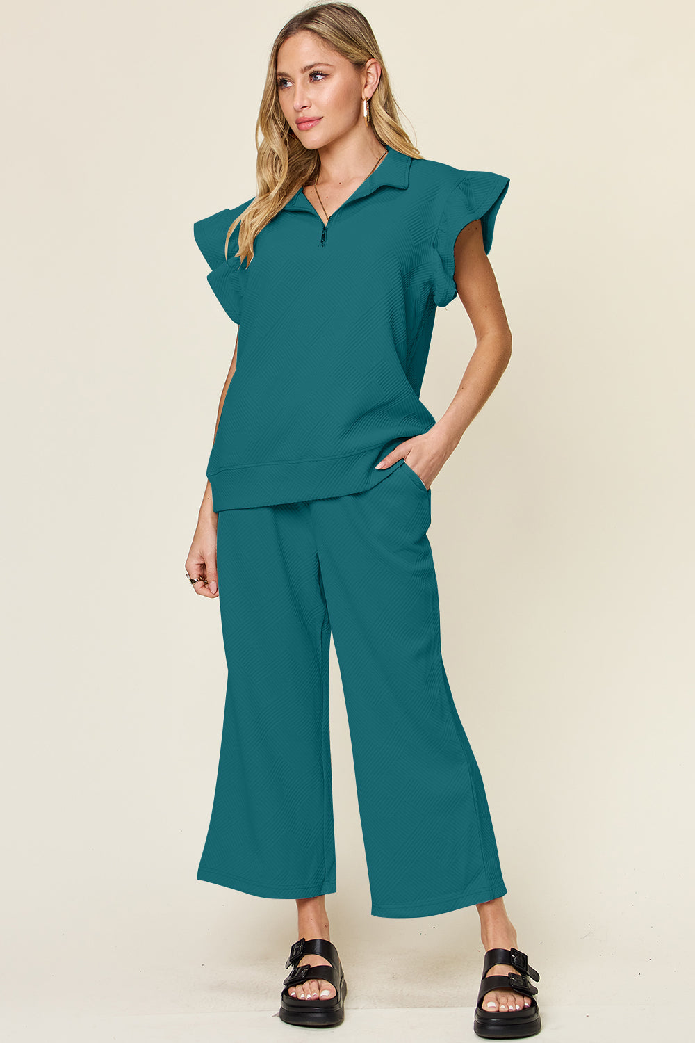 Textured Ruffle Sleeve Wide Leg Pants Set