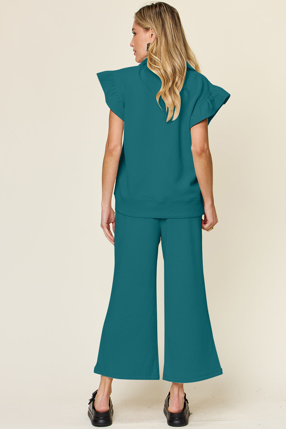 Textured Ruffle Sleeve Wide Leg Pants Set