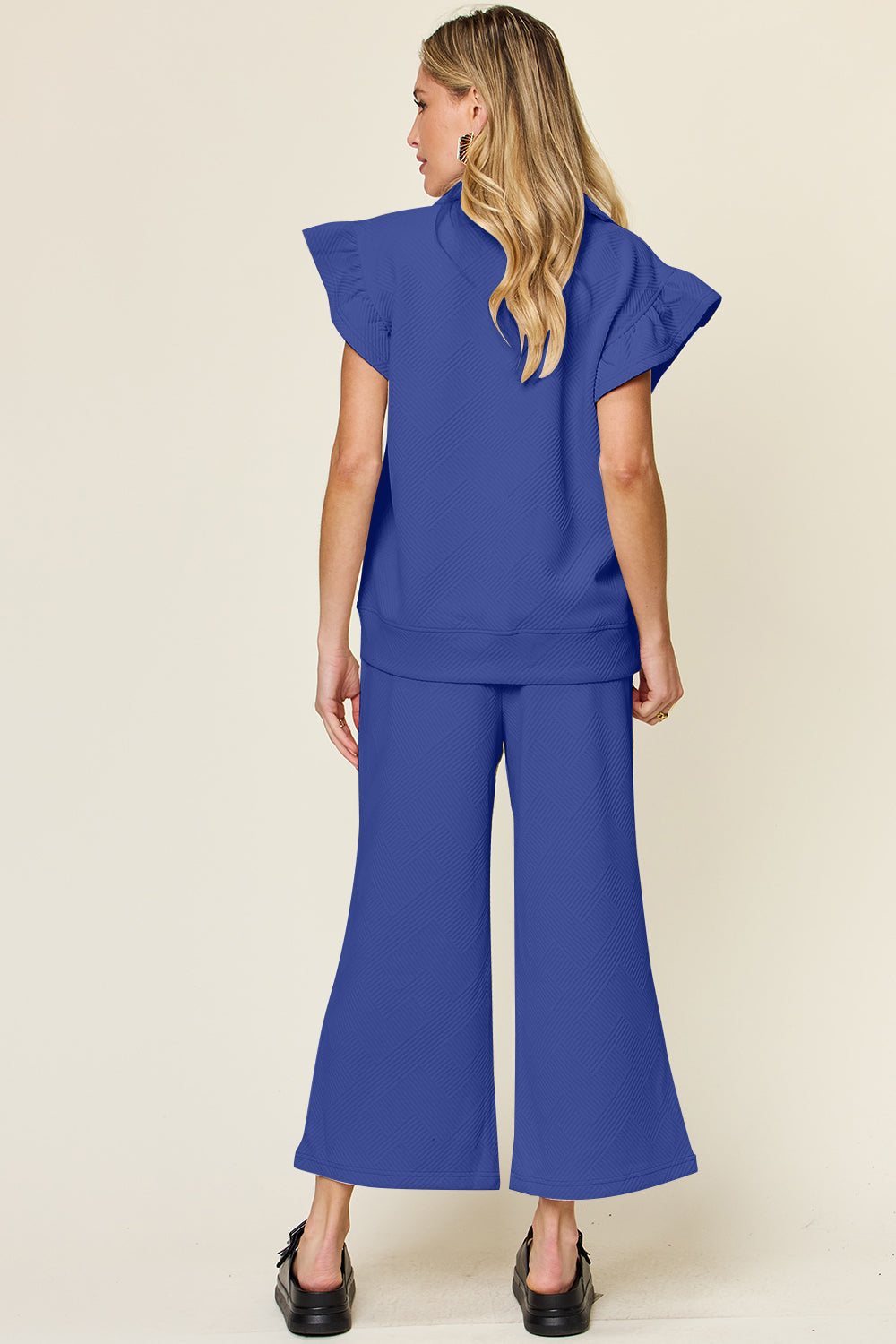 Textured Ruffle Sleeve Wide Leg Pants Set
