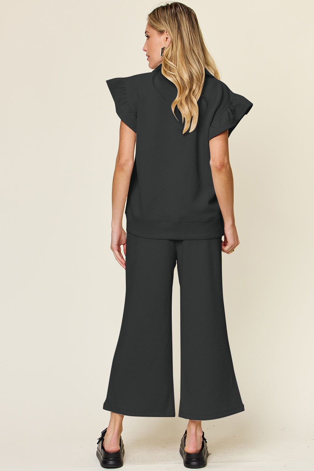 Textured Ruffle Sleeve Wide Leg Pants Set
