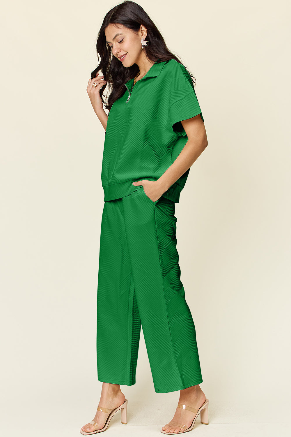 Textured Half Zip Pants Set