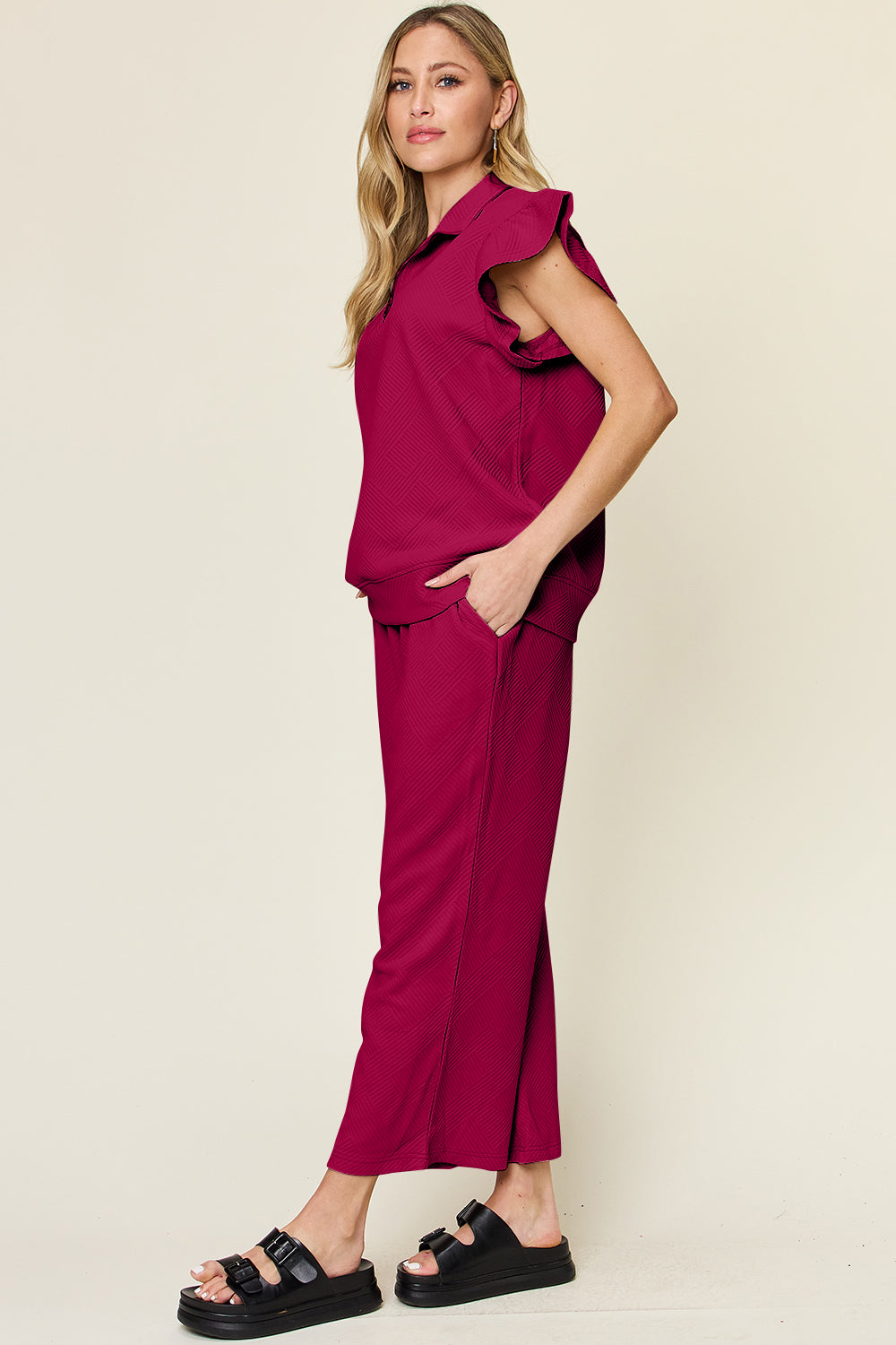Textured Ruffle Sleeve Wide Leg Pants Set