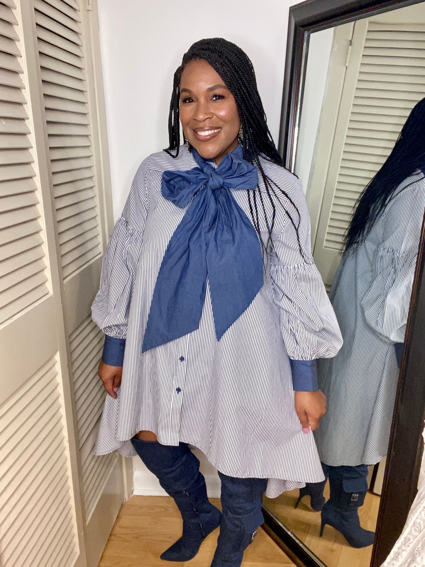 Stripe Denim Bow Tie Dress