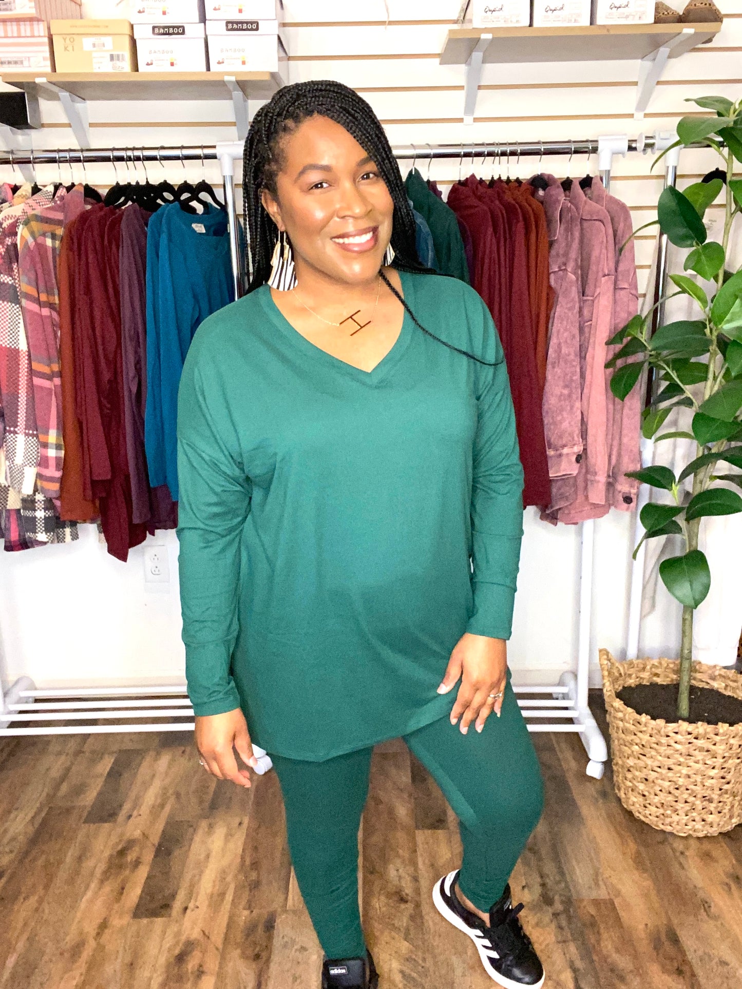 V-Neck Long Sleeve Dark Green Set