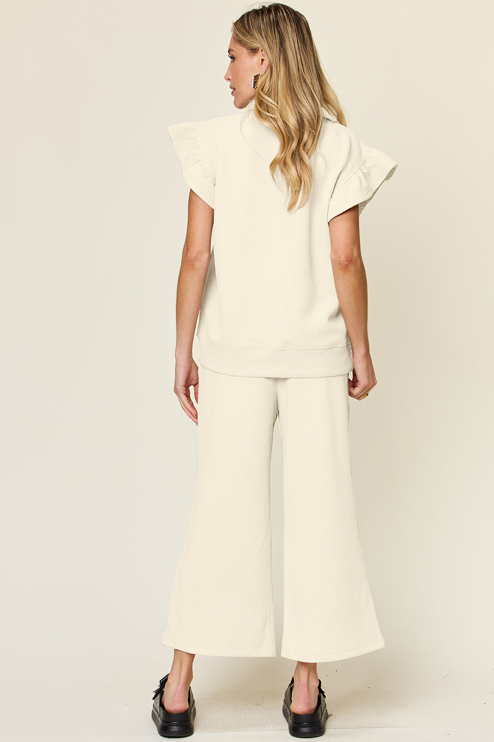 Textured Ruffle Sleeve Wide Leg Pants Set