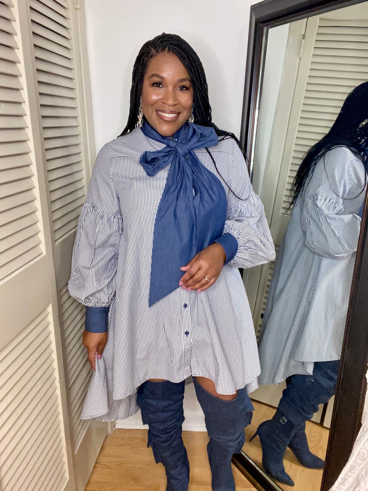 Stripe Denim Bow Tie Dress