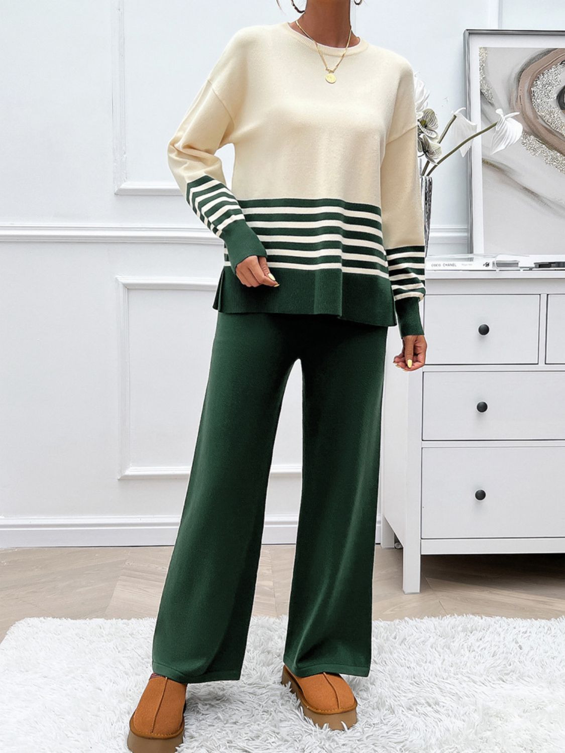 Preorder: Slit Striped Round Neck Sweater Set