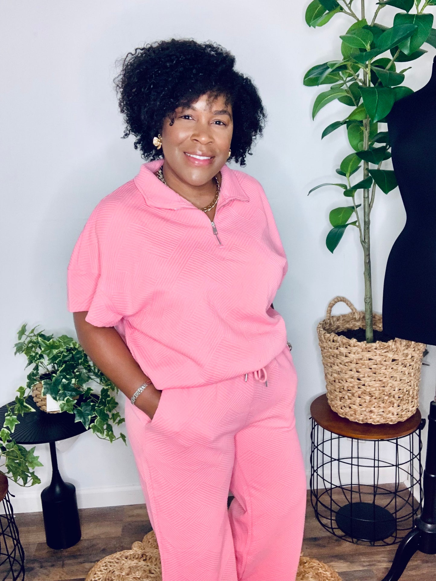 Textured Half Zip Short Sleeve Pants Set