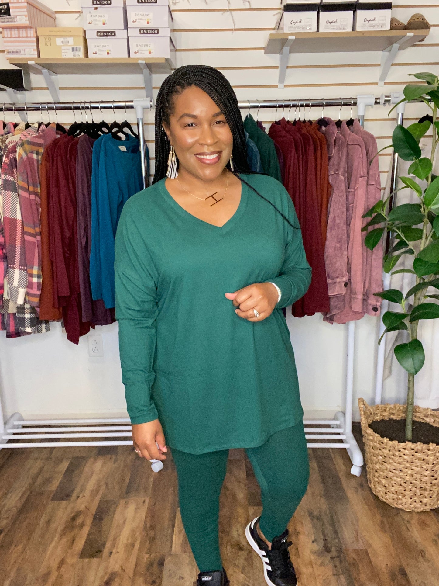 V-Neck Long Sleeve Dark Green Set