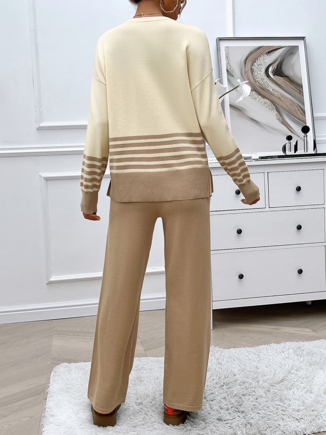 Preorder: Slit Striped Round Neck Sweater Set