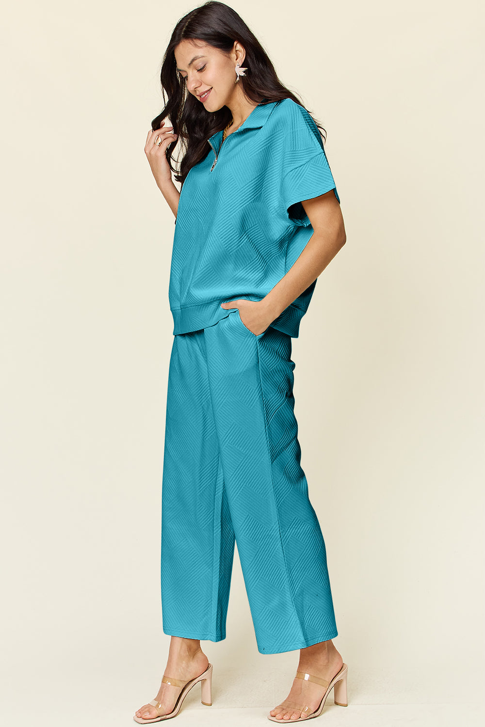 Textured Half Zip Pants Set