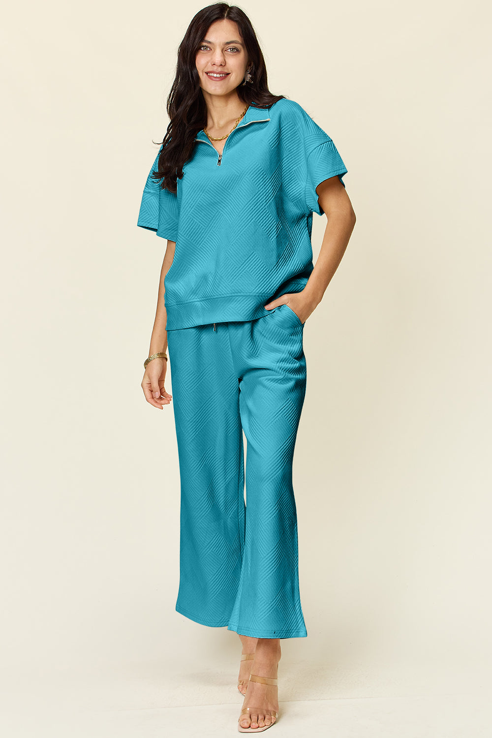 Textured Half Zip Pants Set