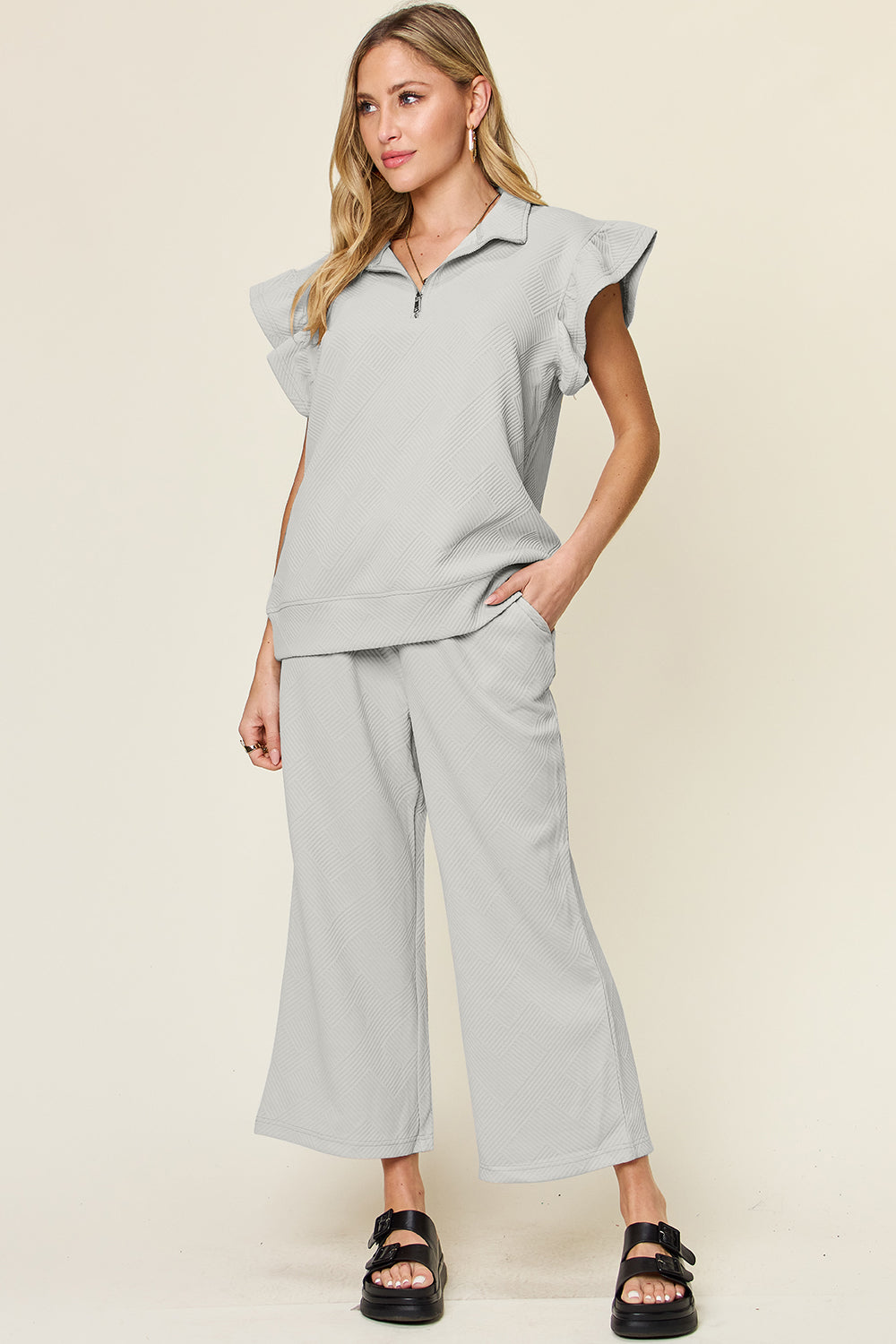 Textured Ruffle Sleeve Wide Leg Pants Set