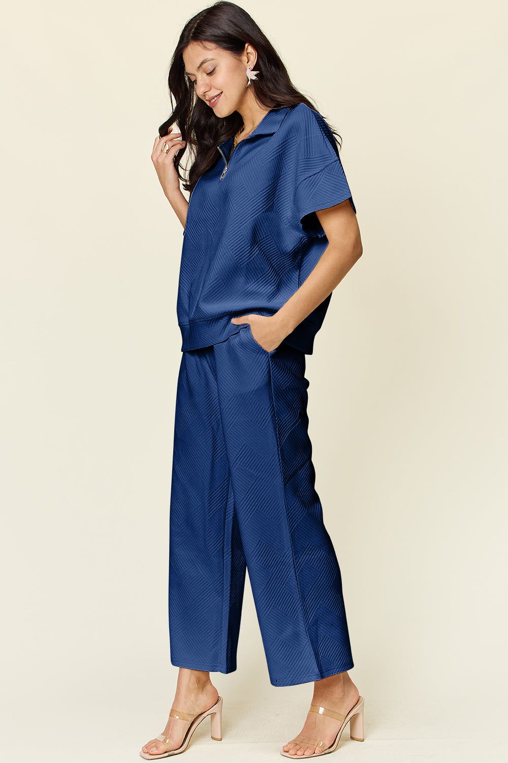 Textured Half Zip Pants Set