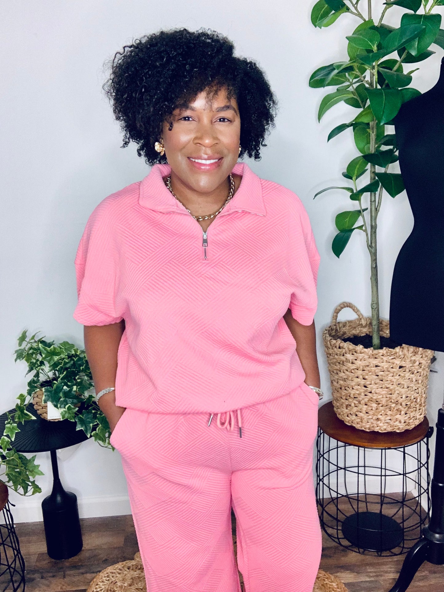 Textured Half Zip Short Sleeve Pants Set