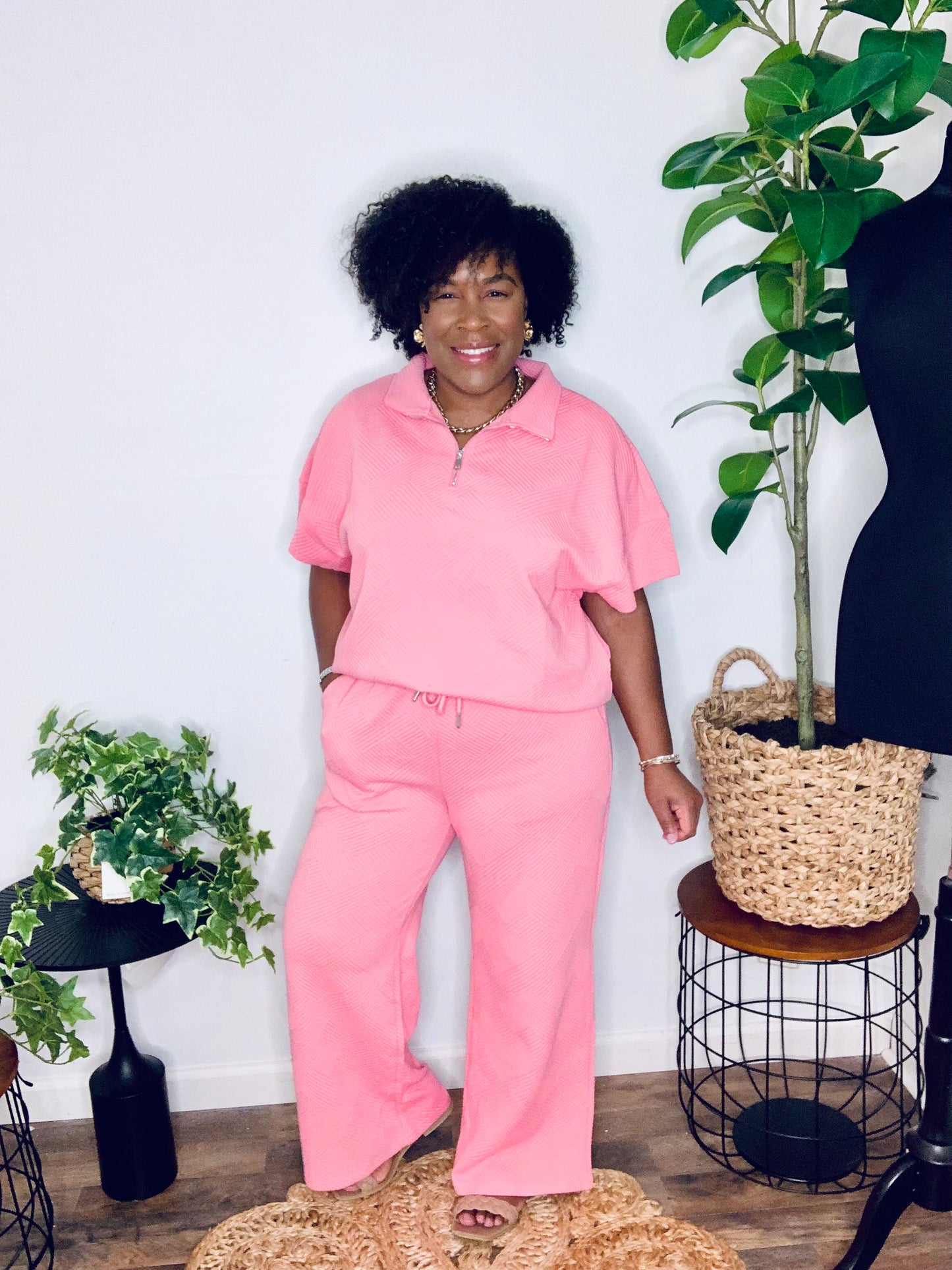 Textured Half Zip Short Sleeve Pants Set