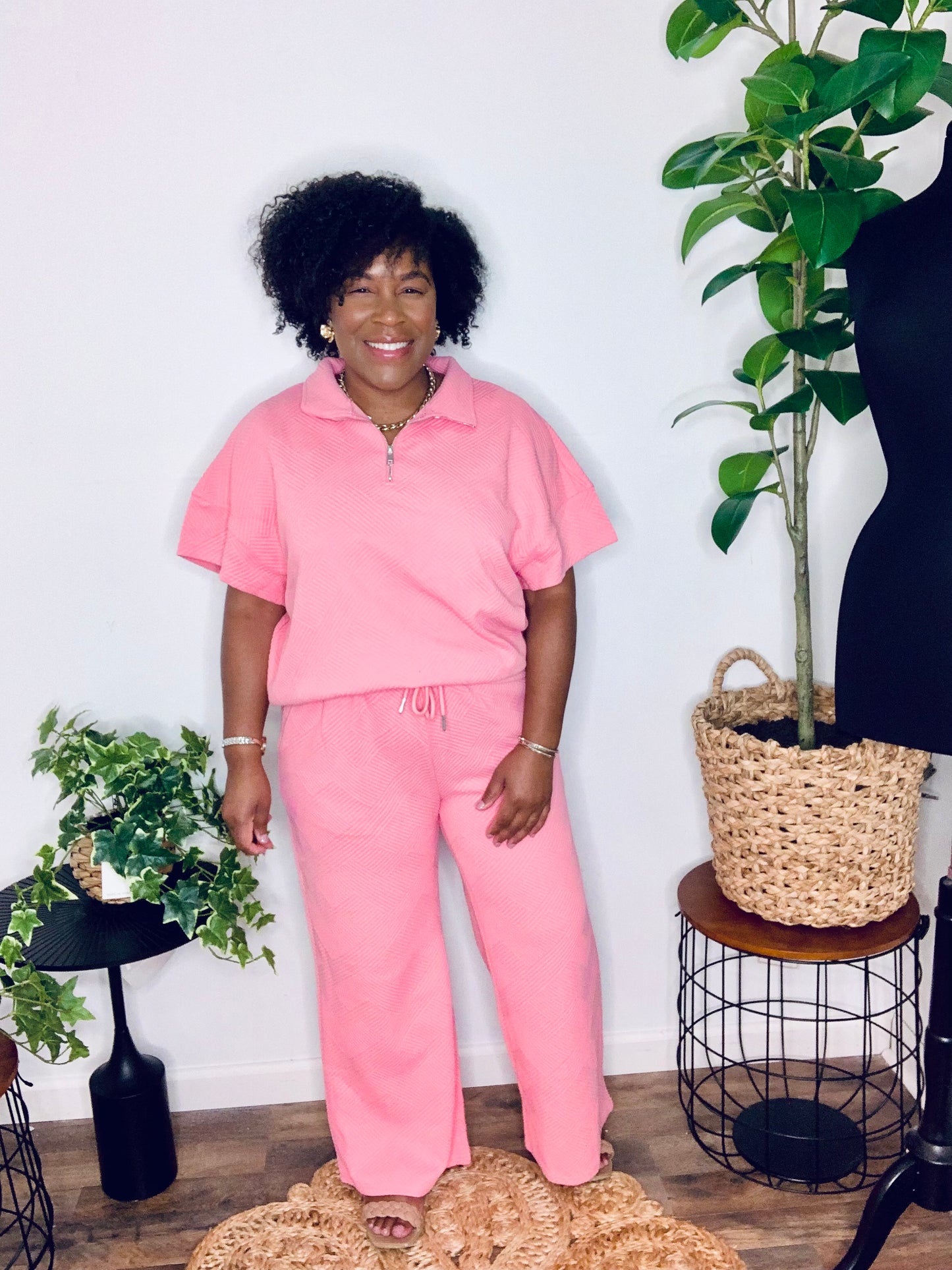 Textured Half Zip Short Sleeve Pants Set