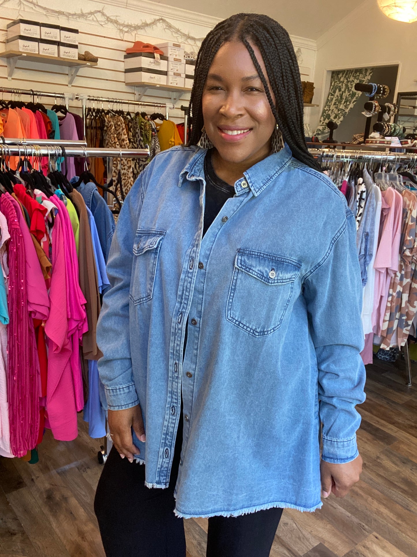 Button Down Denim Tunic Top