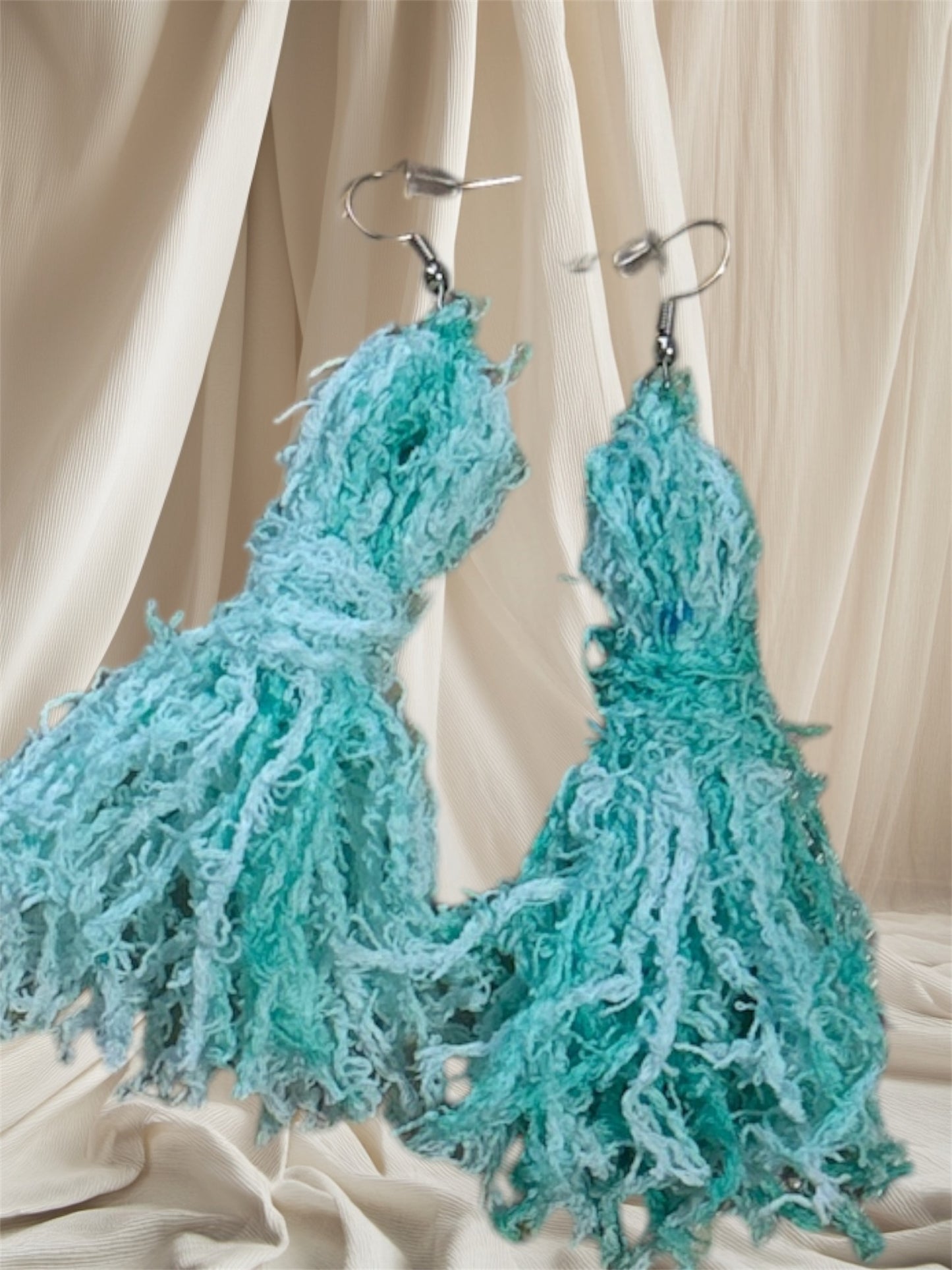 Blue Fringe Yarn Earrings