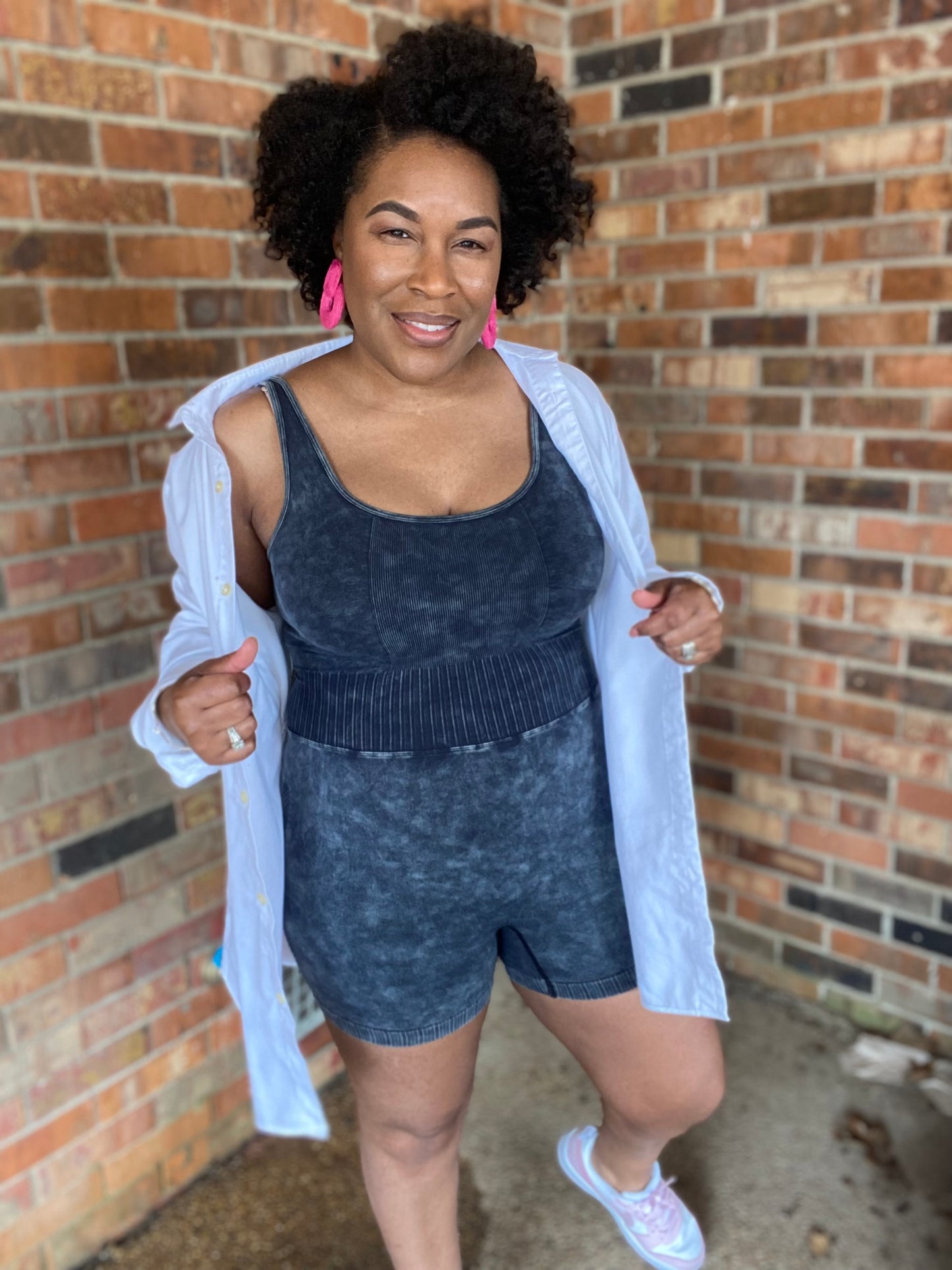 Zenana Ribbed Bodysuit Romper - Lt Navy