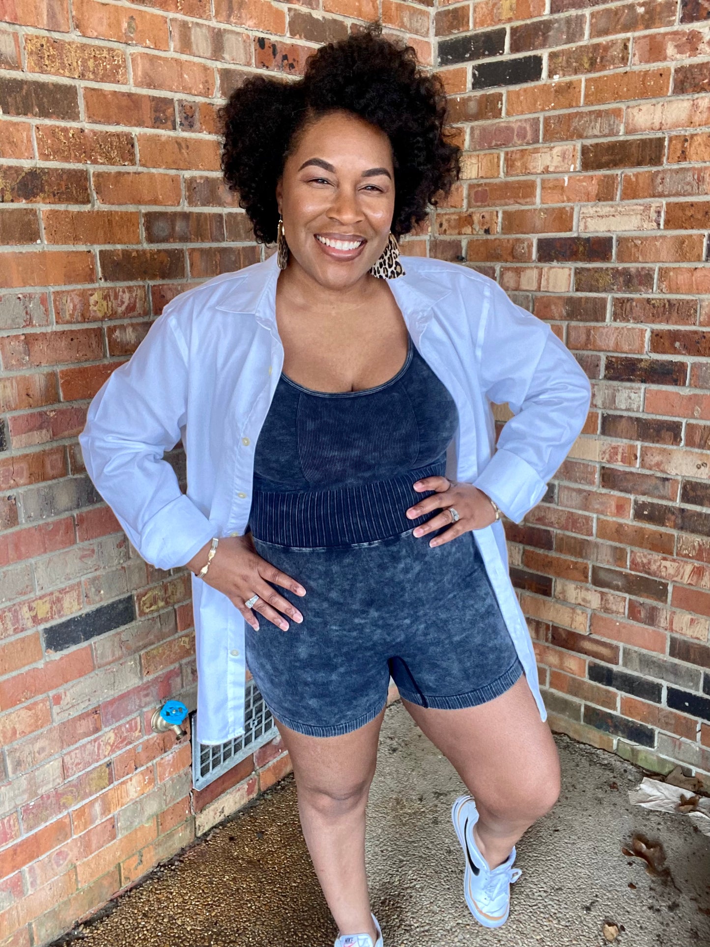 Zenana Ribbed Bodysuit Romper - Lt Navy