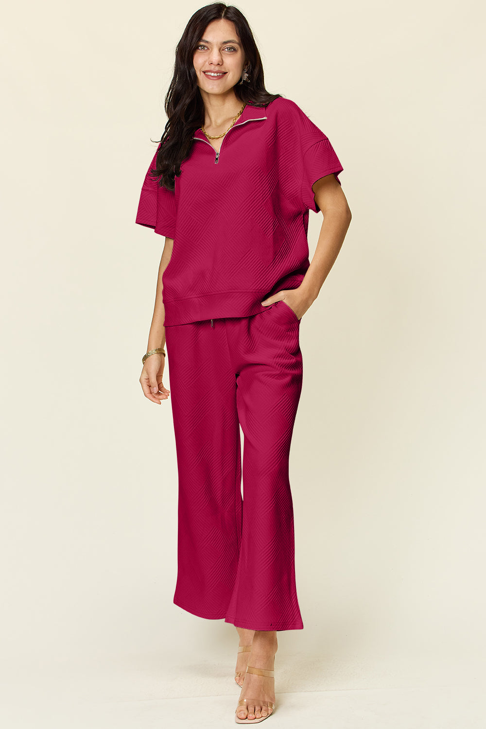 Textured Half Zip Pants Set