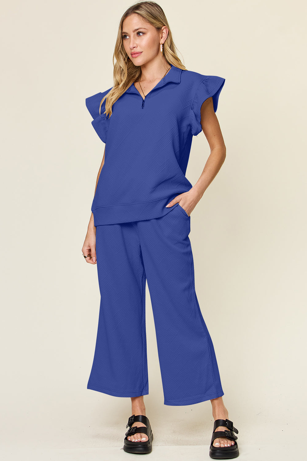 Textured Ruffle Sleeve Wide Leg Pants Set