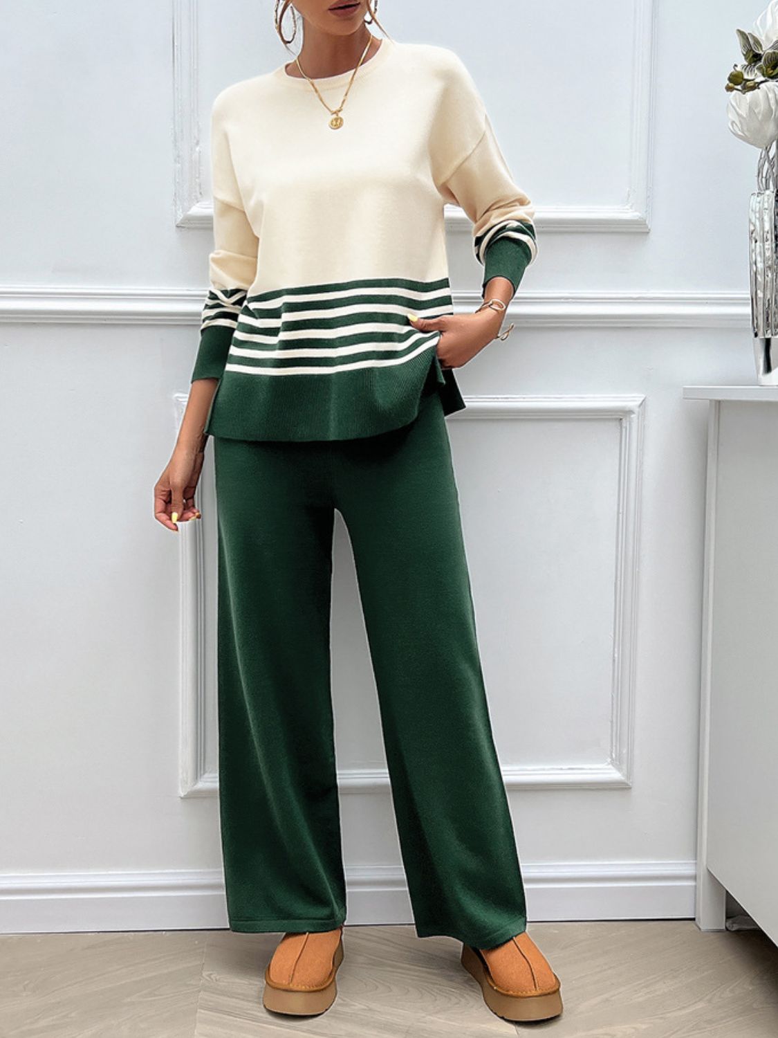 Preorder: Slit Striped Round Neck Sweater Set
