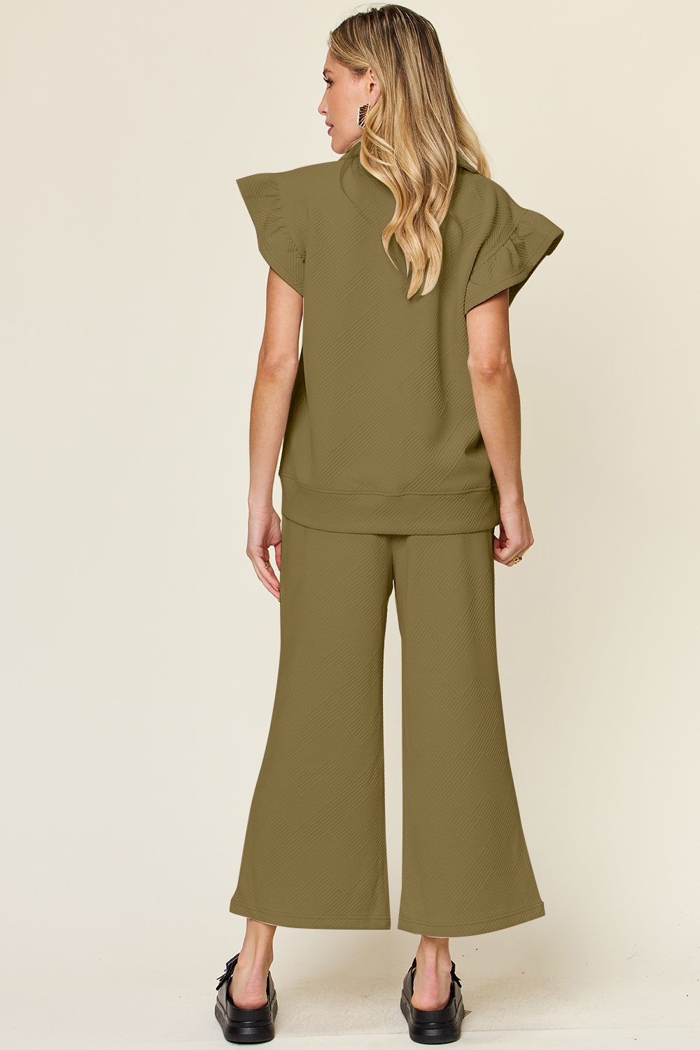Textured Ruffle Sleeve Wide Leg Pants Set