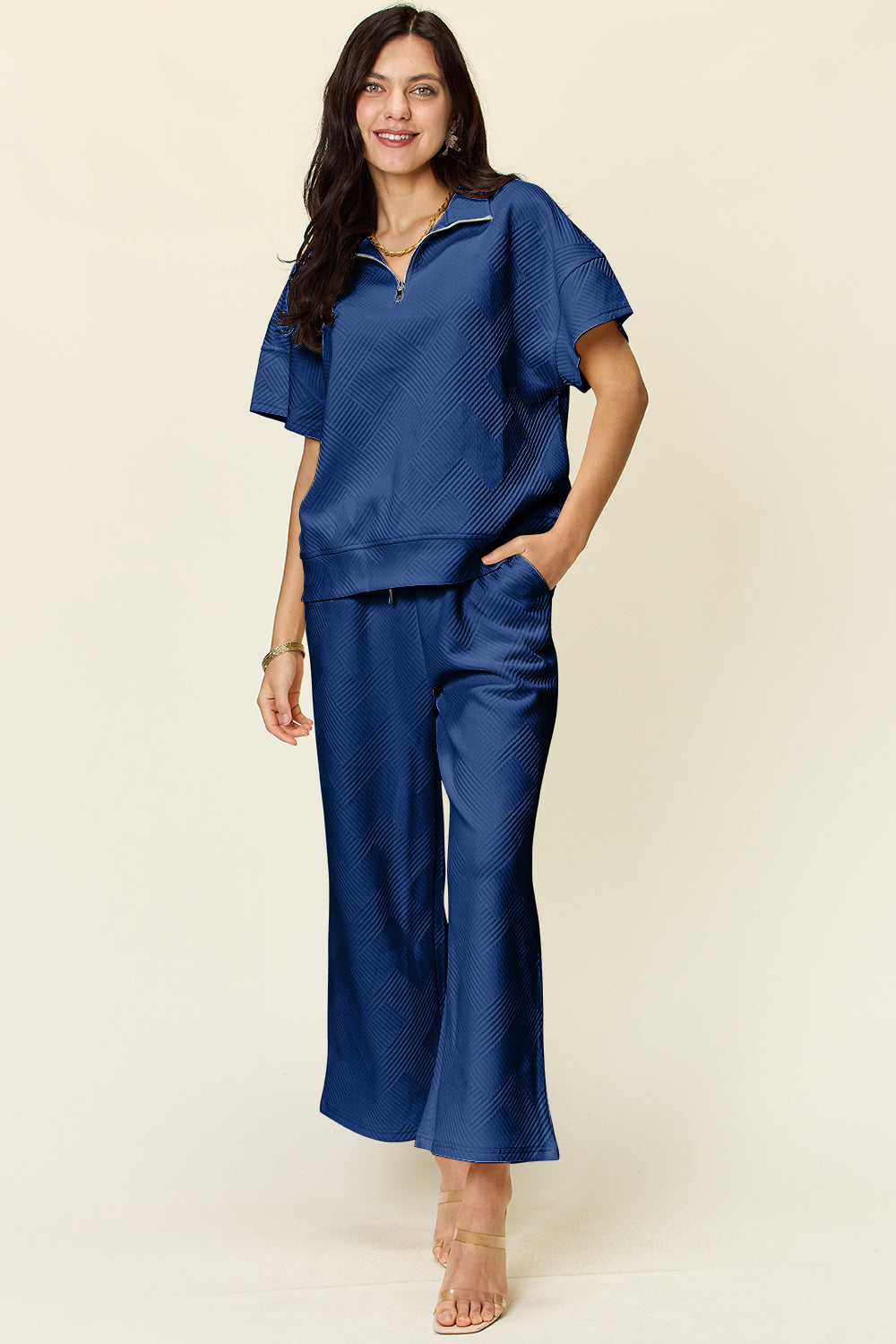 Textured Half Zip Pants Set