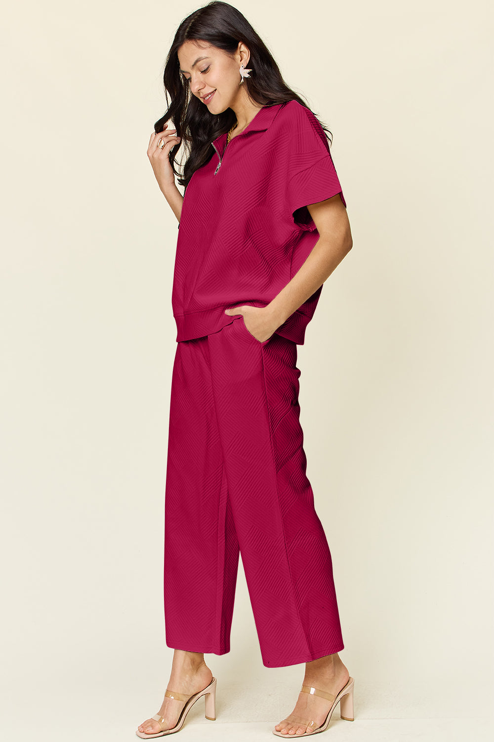 Textured Half Zip Pants Set