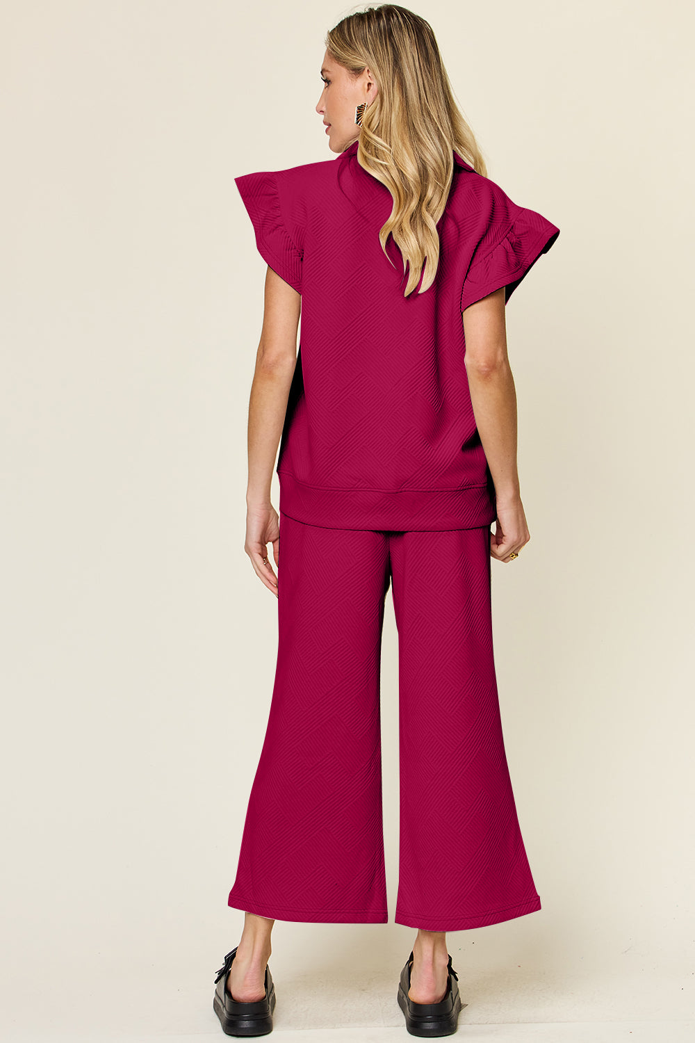 Textured Ruffle Sleeve Wide Leg Pants Set