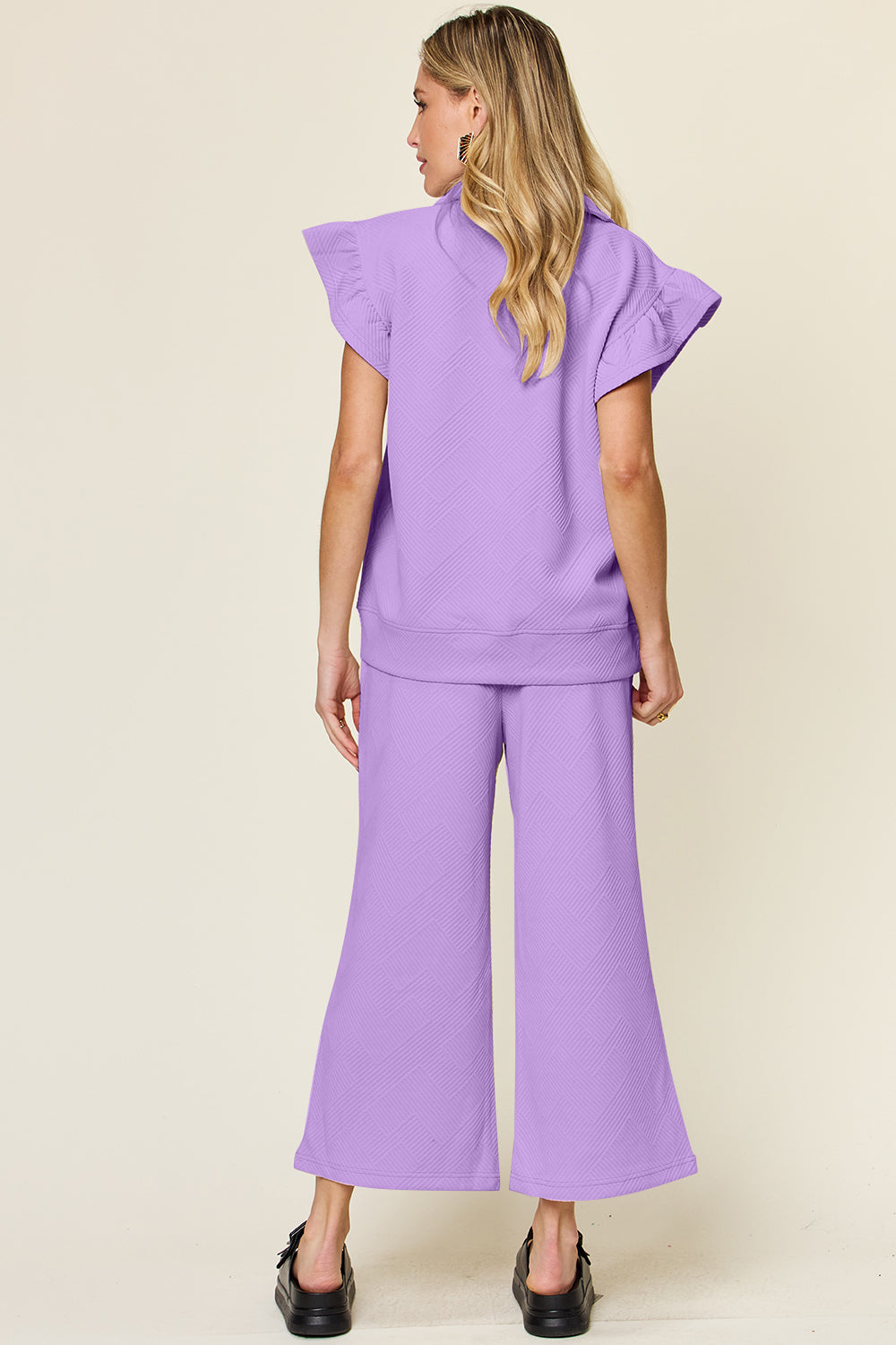 Textured Ruffle Sleeve Wide Leg Pants Set