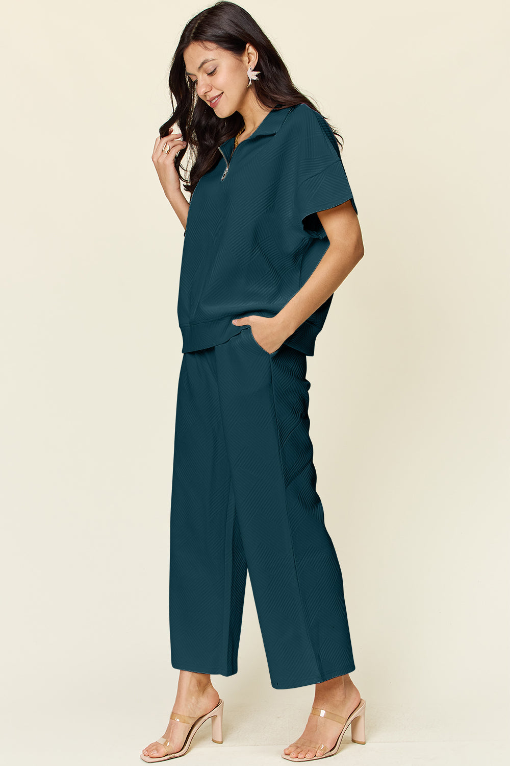 Textured Half Zip Pants Set