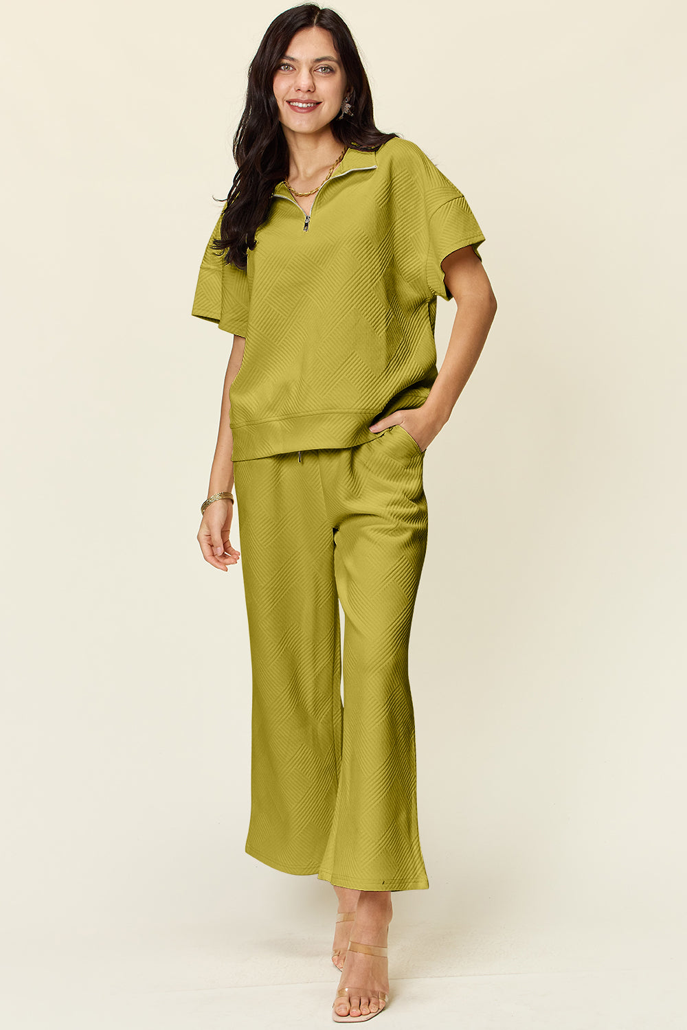 Textured Half Zip Pants Set
