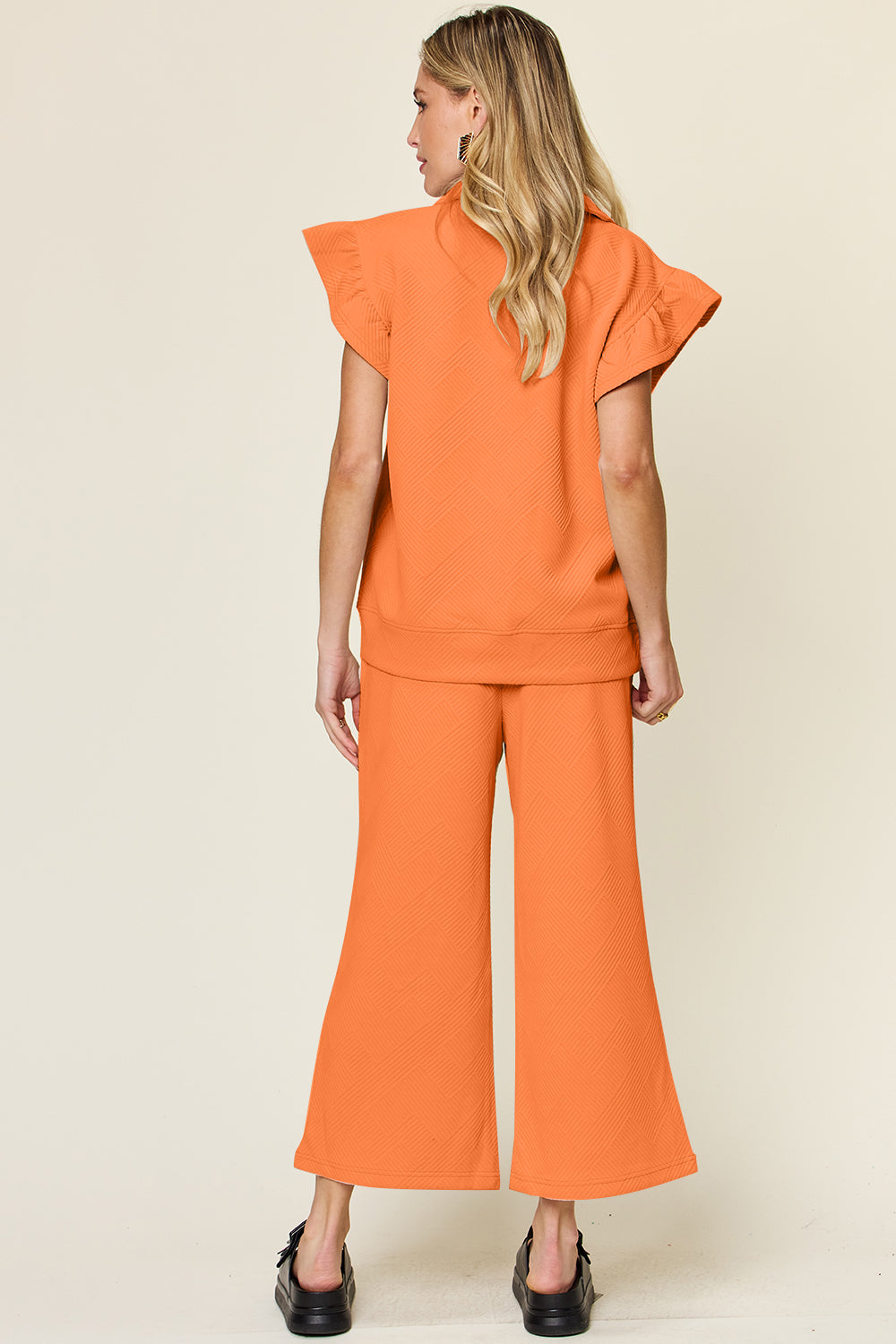 Textured Ruffle Sleeve Wide Leg Pants Set