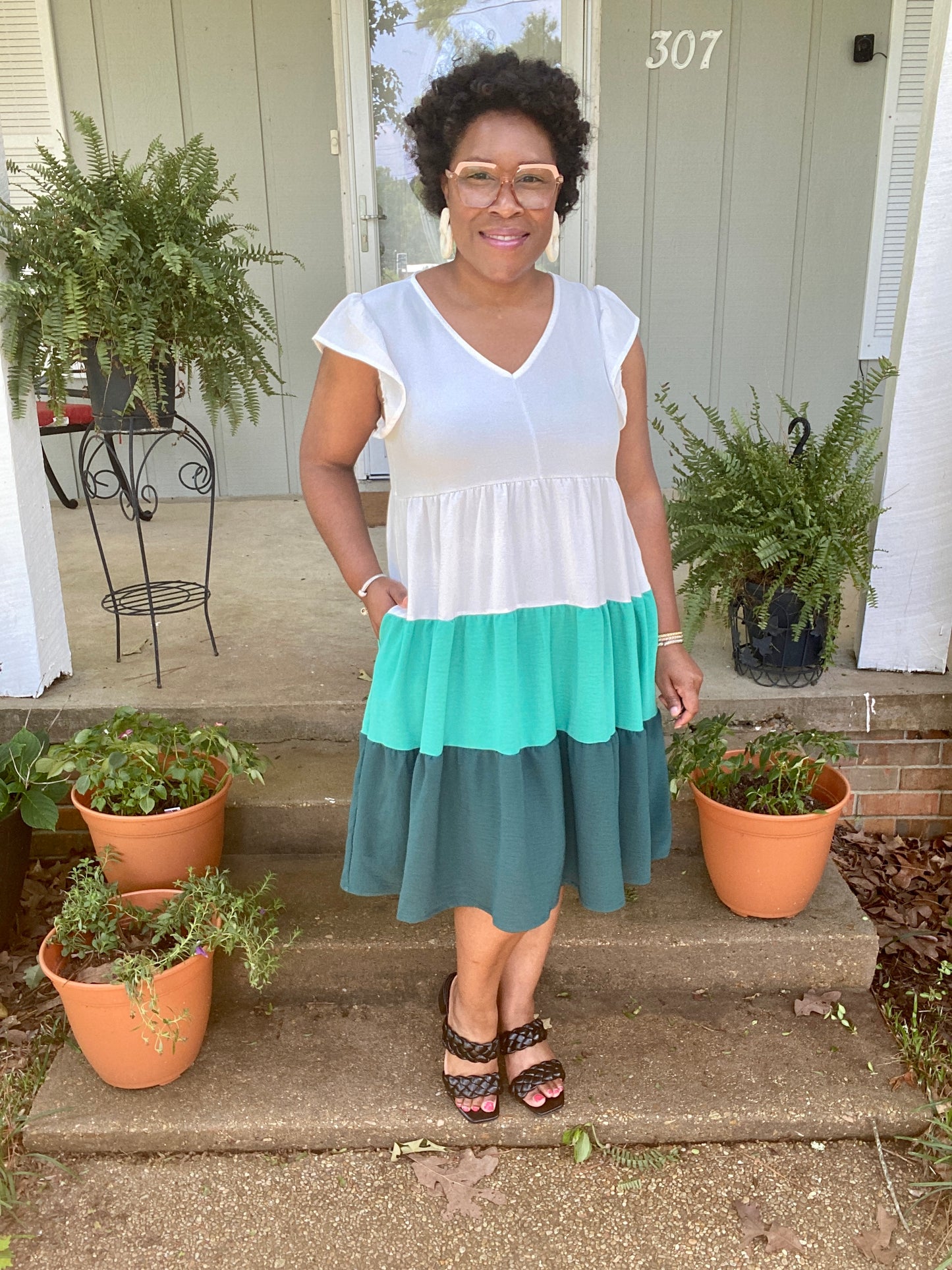 Ivory & Green Color Block Dress
